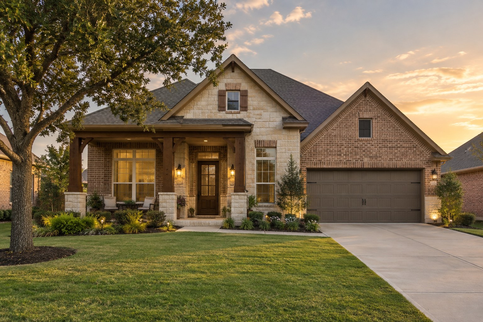 A brick and stone single family home with a green lawn in warm evening light, illustrative