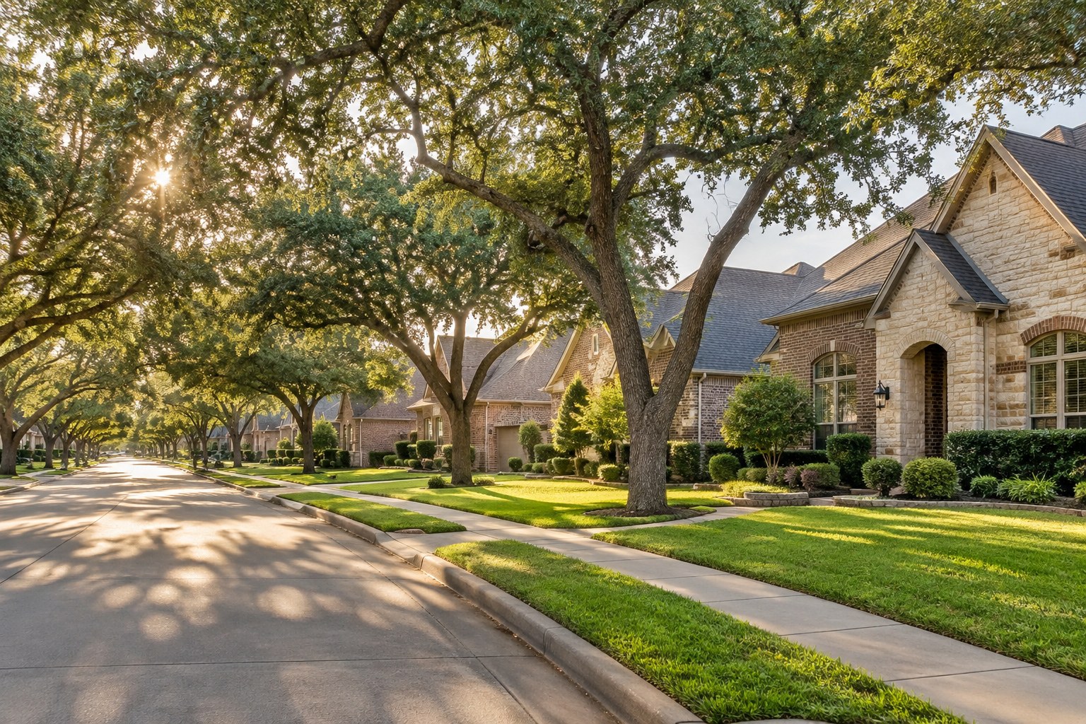 A North Texas street with homes, illustrative