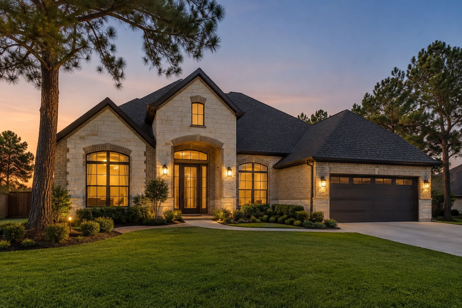 A North Texas home at dusk, illustrative